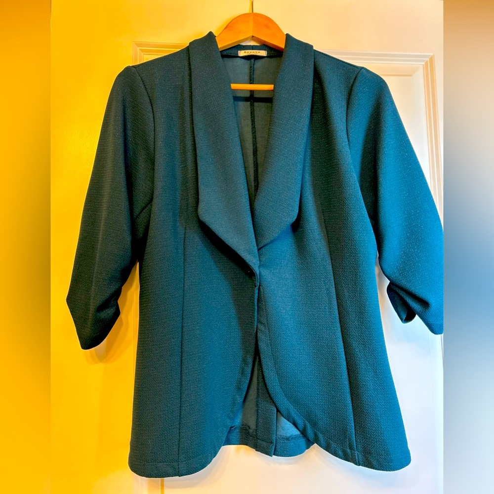 Beyove Women's 3/4 Stretchy Ruched Sleeve Open Front Lightweight Blazer